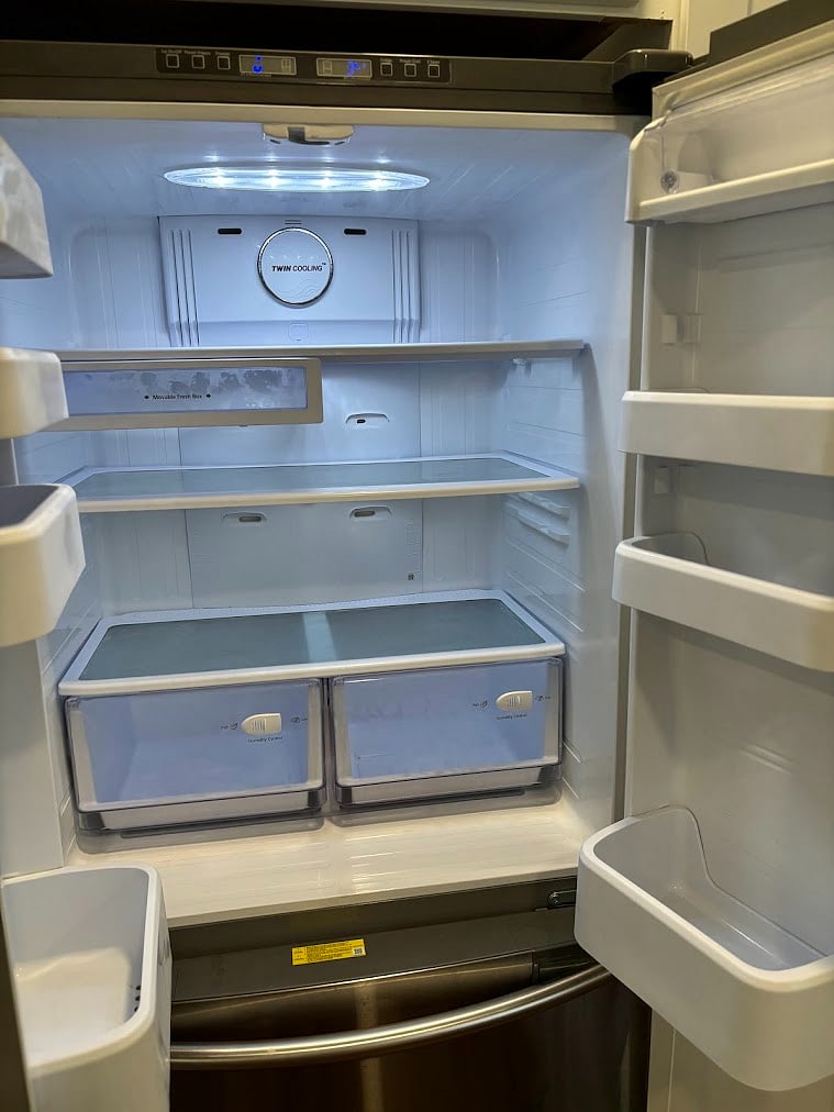 full size, double door fridge (ice maker in freezer)
