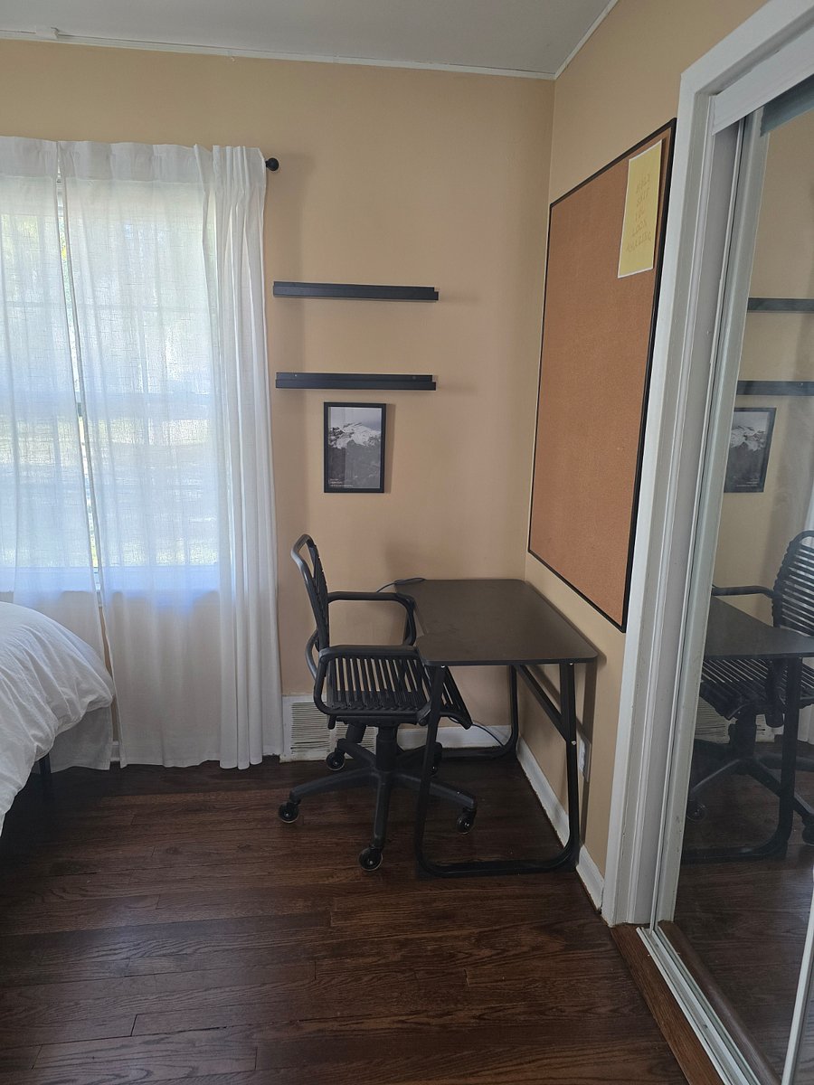 Desk, shelves, ethernet cable, bulletin board, comfortable office chair.