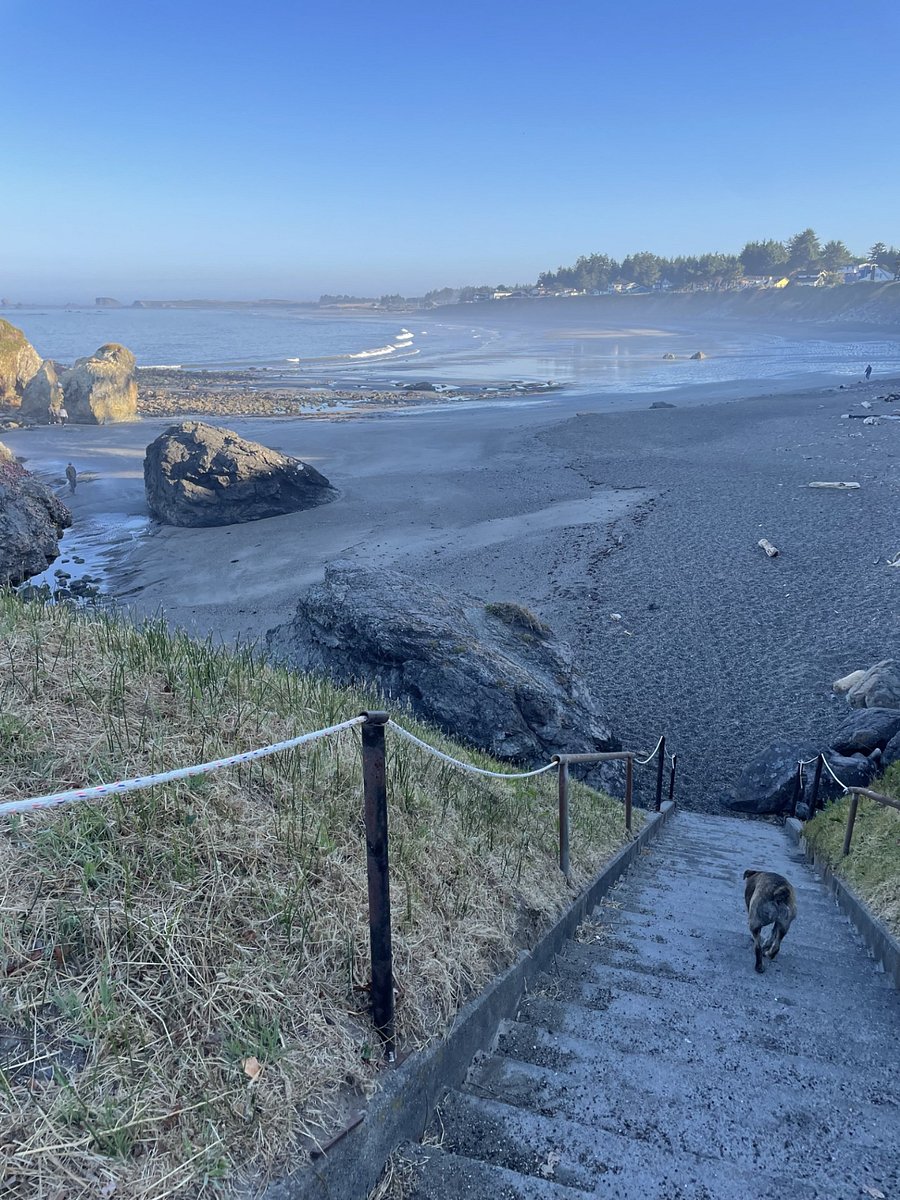 The "split stairs" to one of our favorite beaches (featuring our dog, Karma)