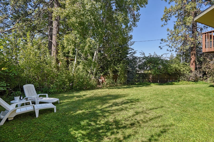 Lounger chairs in the expansive yard offer space to stretch out, enjoy the sun or shade, and create your own relaxing setup in this serene outdoor retreat.