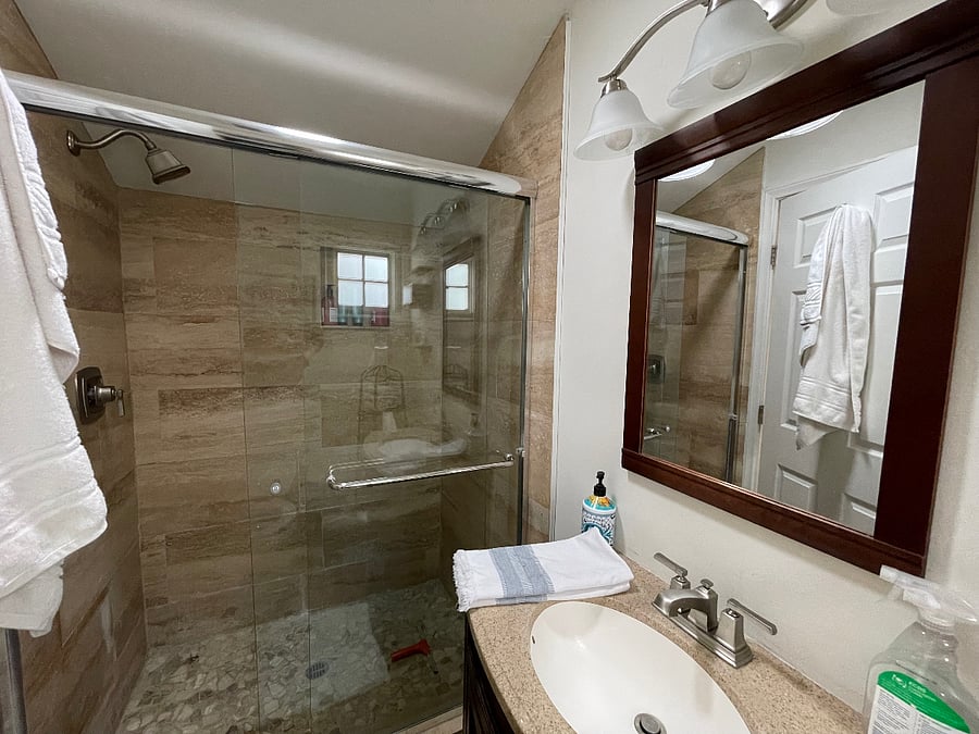 Large walk-in stone shower; Great water pressure!