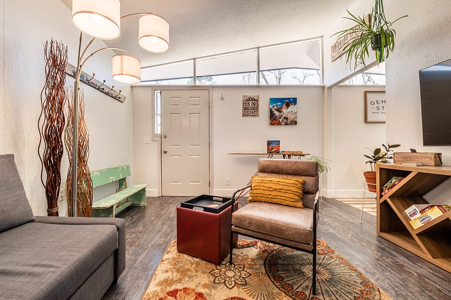 Your entrance/front door with coat rack/shoe bench (kitchen to the right)