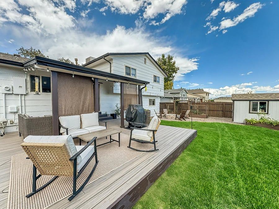 Backyard: Large patio with overhang + Lounge seating + BBQ Grille + Gas Fire pit w/ aderondak chairs + Hammock + Dinette under covered patio. 