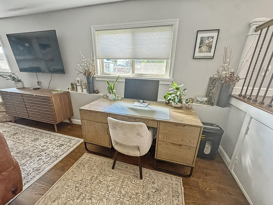 Workspace. Oversized desk with monitor. Paper shredder. 