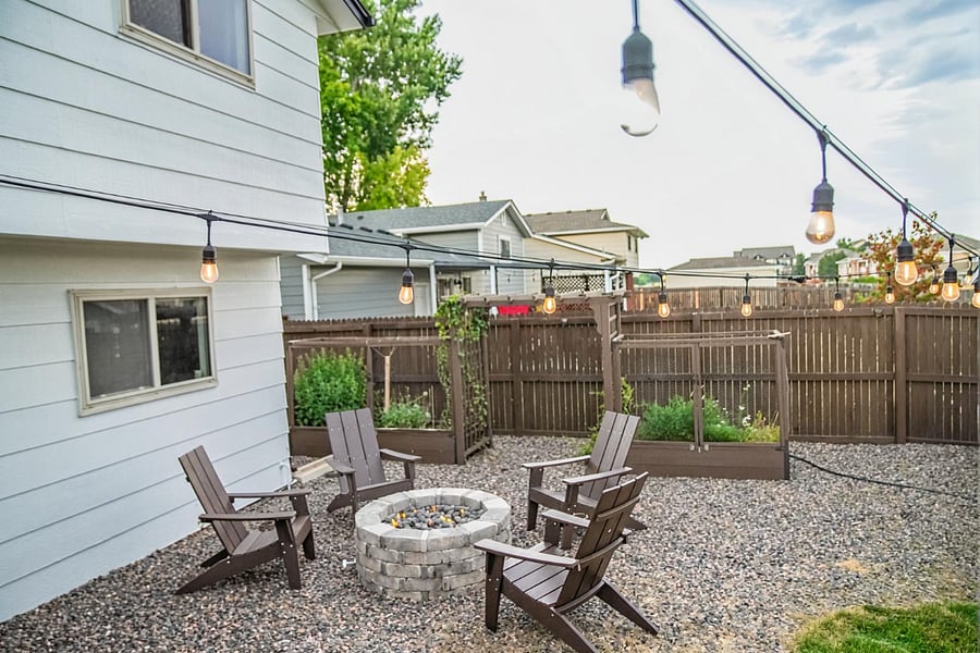 outdoor gas fire pit + organic garden beds. 