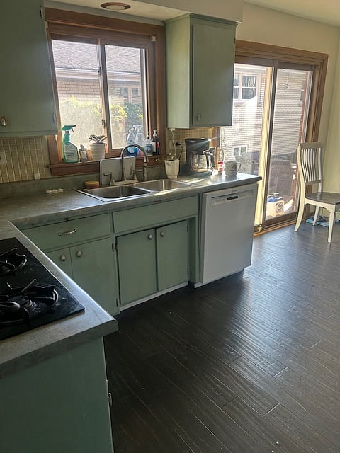 Kitchen stove top, dishwasher, sink.