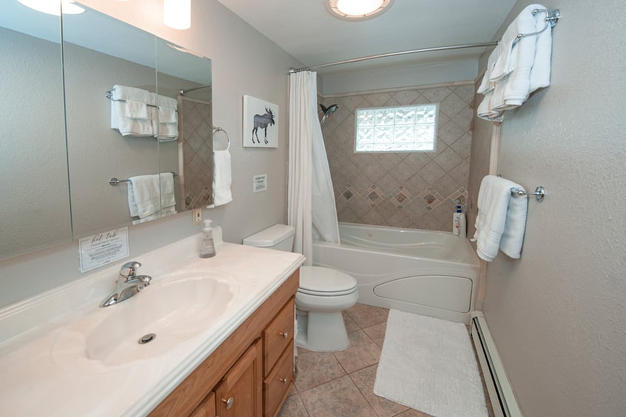 Our guest bathroom located in the hallway has a full size shower and a jacuzzi tub because we spared no expense making this place feel luxurious!