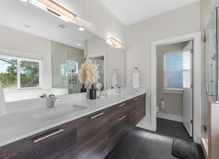 Large Master bathroom with a large soak tub and walk in shower.