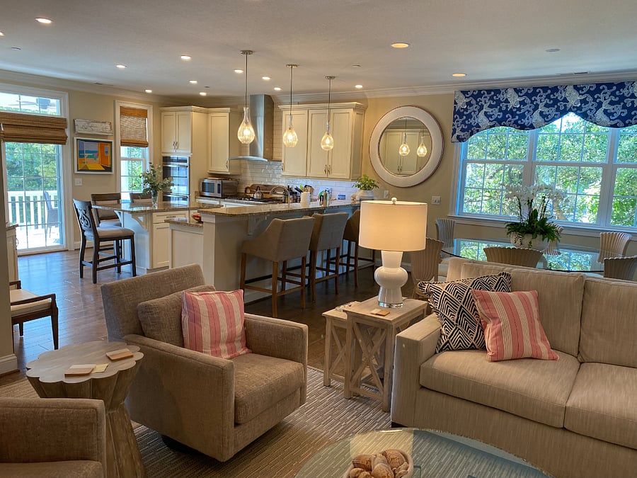 View from living area to kitchen and dining room.