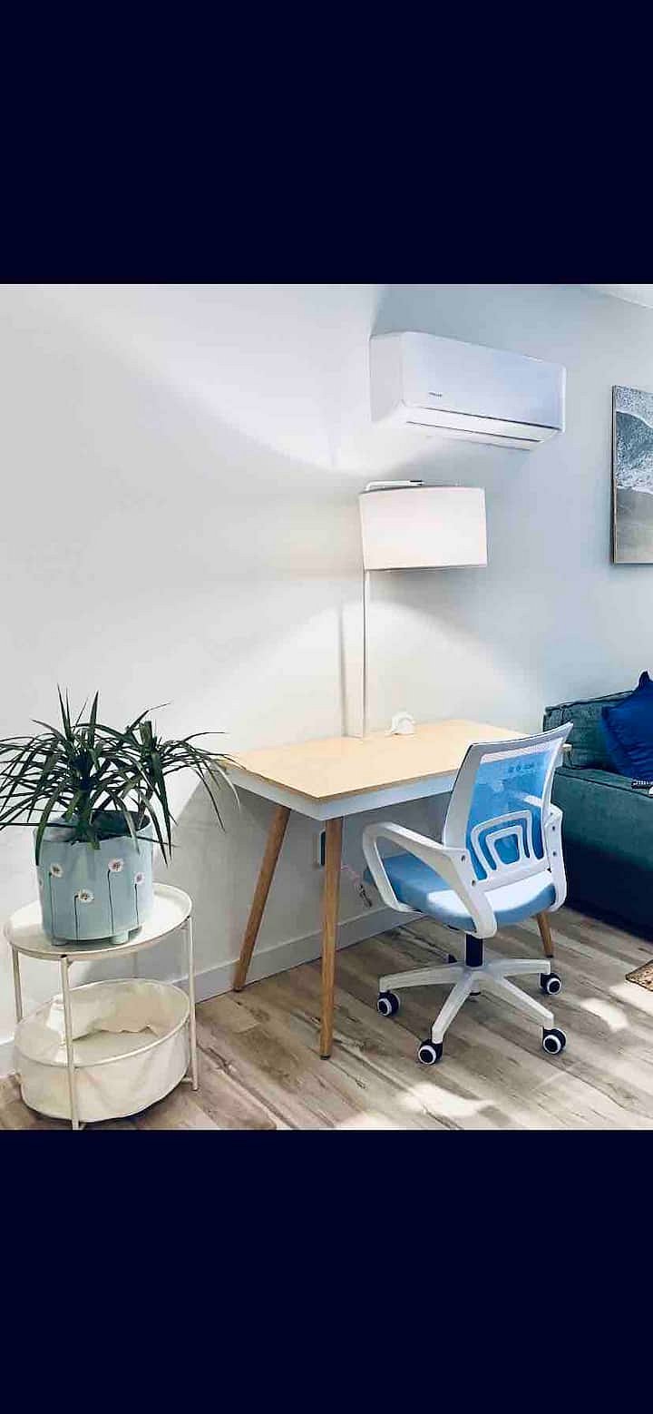 Dedicated workspace with office desk, USB ports, and office chair. 

Internet is:  High speed Internet. 1000 Mpbs download. 35 Mpbs upload.  