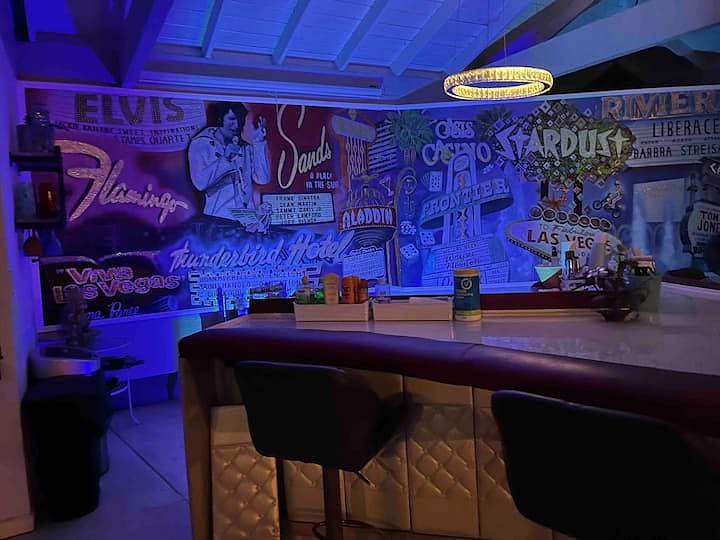 The Las Vegas Bar at night. The glitter makes the painting shine in all different lights with TV, refrigerator, freezer, bathroom, and Traeger.