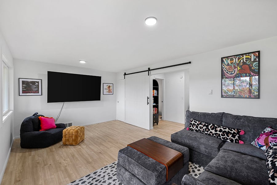 Lower level suite with closet and bathroom with shower beyond barn door.