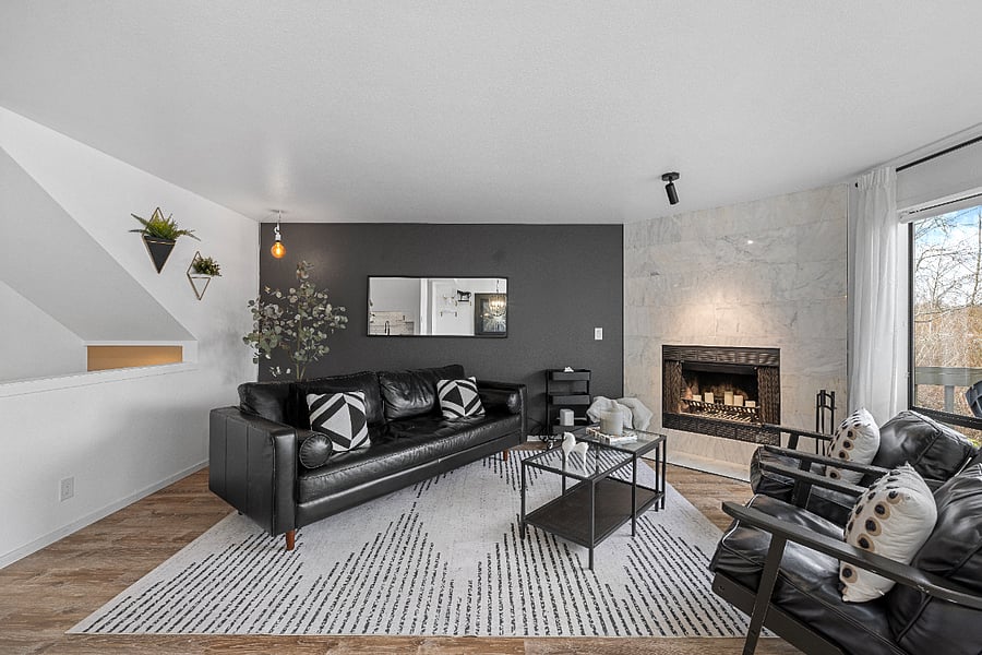 Living room with wood burning fire