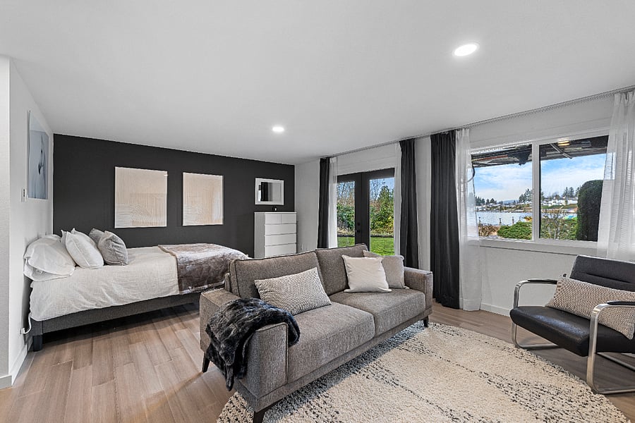 Modern sofa in performance velvet and a smart TV.