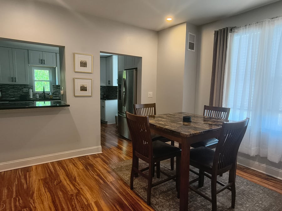 Dining room and entrance to kitchen.