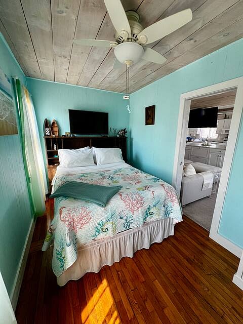 Master bedroom. Full closet, TV, pocket door.