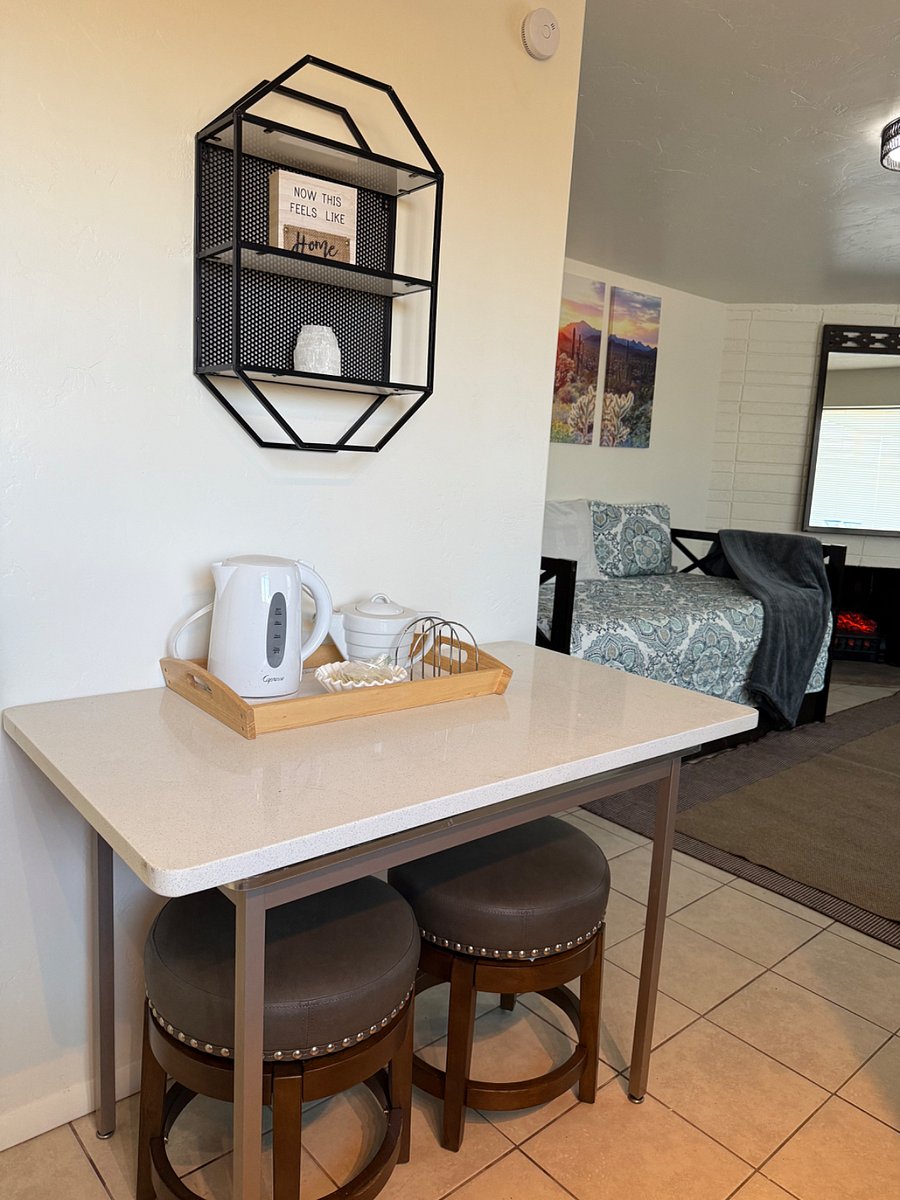 It has a tea kettle, Keurig coffee machine, toaster, & microwave. 