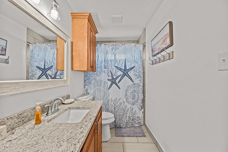 large bathroom, shower-tub and lots of storage