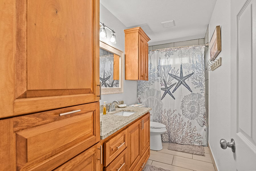 large bathroom, shower-tub and lots of storage