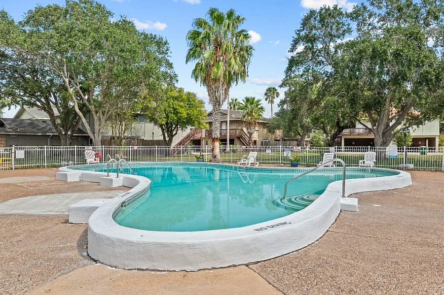 outdoor pool overlooks the duck pond