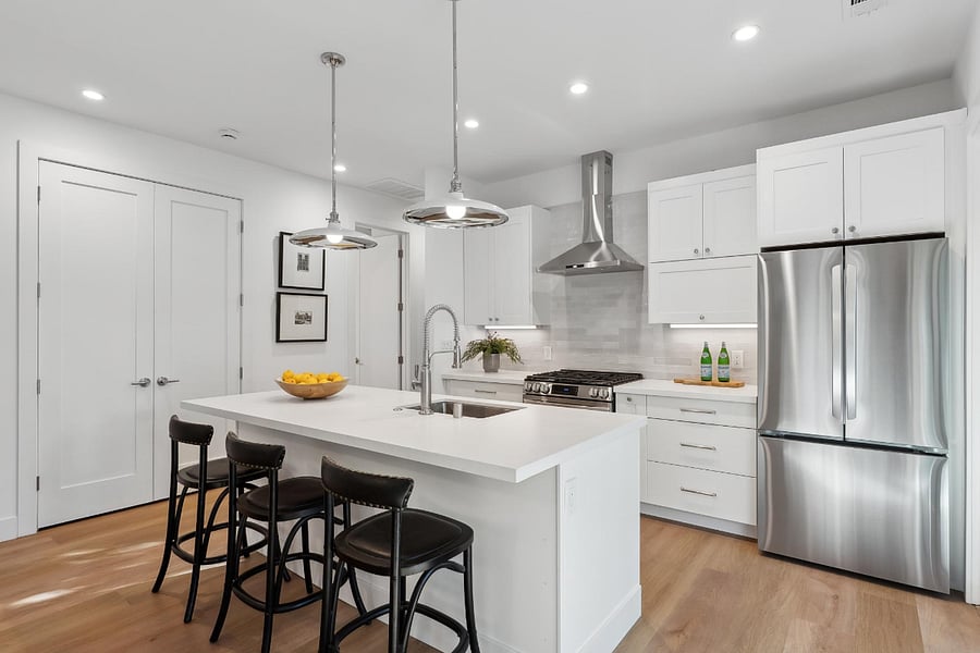 The kitchen has all new stainless steel appliances and a fully stocked kitchen with coffee maker and basic essentials. (dishwasher, fridge, 5 burner stove/oven, microwave in pull up cabinet)