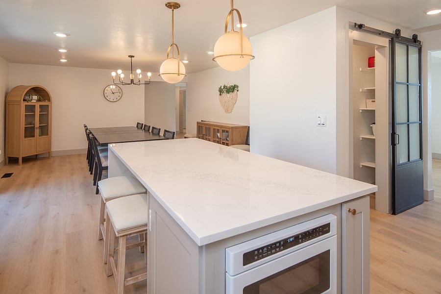 Drawer microwave and walk-in pantry.