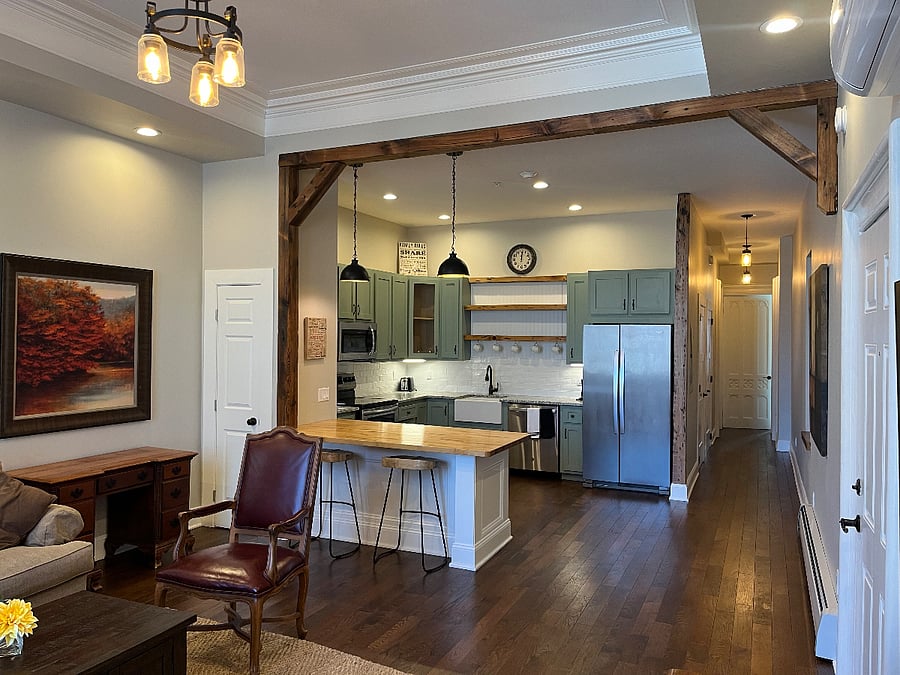 Open plan living room and new kitchen, perfect for entertaining and relaxing.