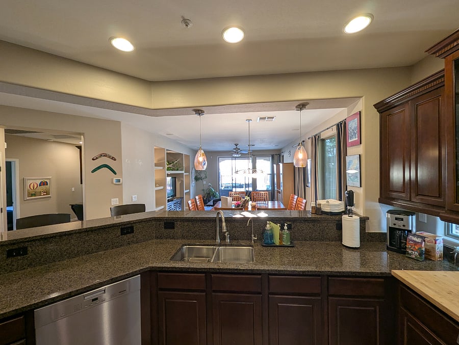 Kitchen with view of dining room and living room.  Open floor plan
