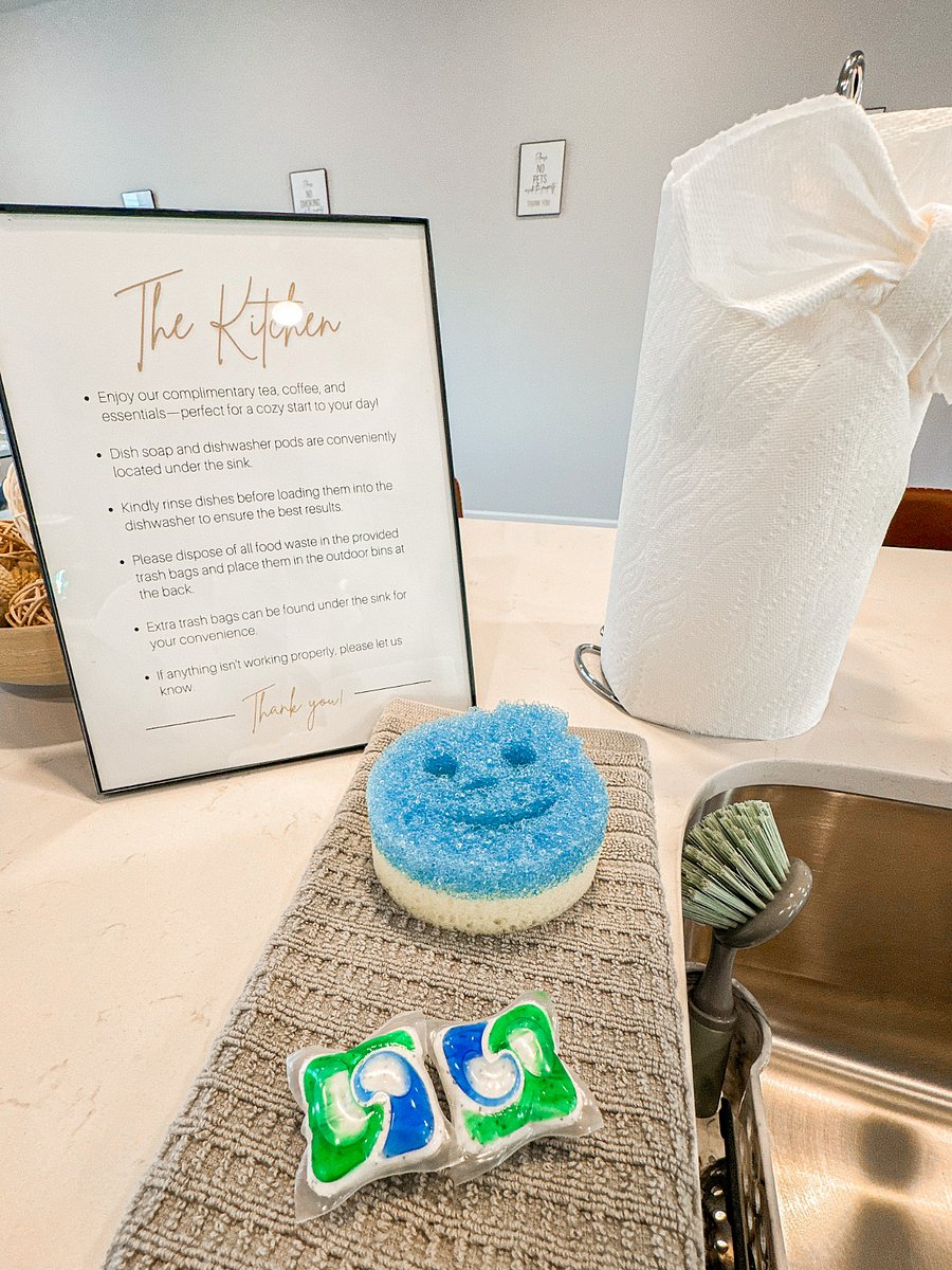 We've provided sponges and dishwasher pods, so you can enjoy a hassle-free stay and keep everything sparkling clean!
