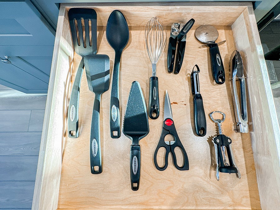 Our kitchen is stocked with a full set of cooking utensils, including spatulas, tongs, whisks, and more.
