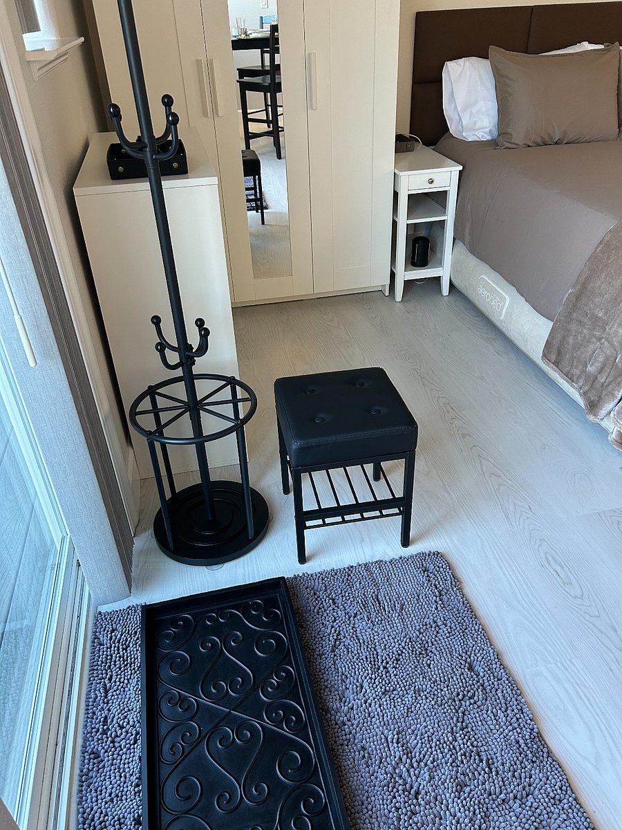 Mud Area w Plush Absorbent Rug, Stool, Rubber Tray for Wet Shoes, Coat Rack/Umbrella Stand n Cabinet for Out the Door Convenience (Shoes, Purses, Packs...)