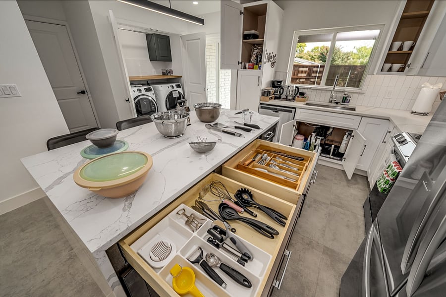 Fully stocked kitchen with all utensils, pots & pans, plates and cups. Coffee station.
Full size Washer & Dryer.