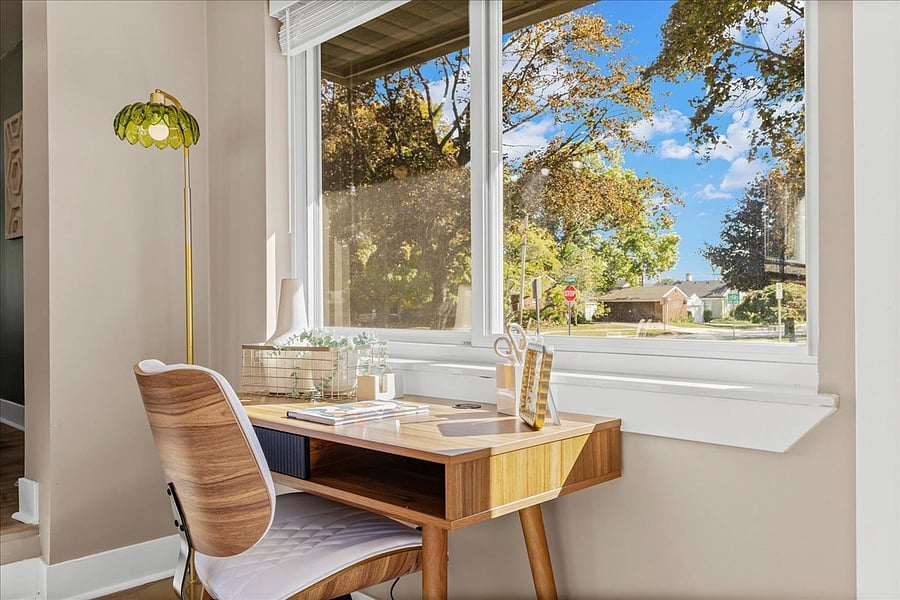 Desk, chair and supplies - perfect for working from home with reliable, fast fiber internet service.