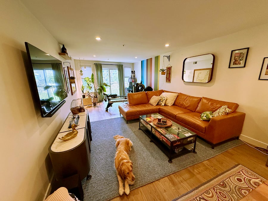 Large flatscreen TV + extremely cozy deep seated pottery barn leather sofa.  Lots of games inside the coffee table!