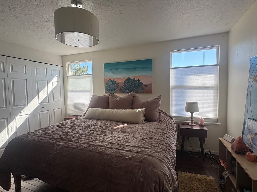 Light, bright and airy master bedroom with king bed and large closet. Features ensuite bathroom and ensuite office with big windows and walk-in closet.