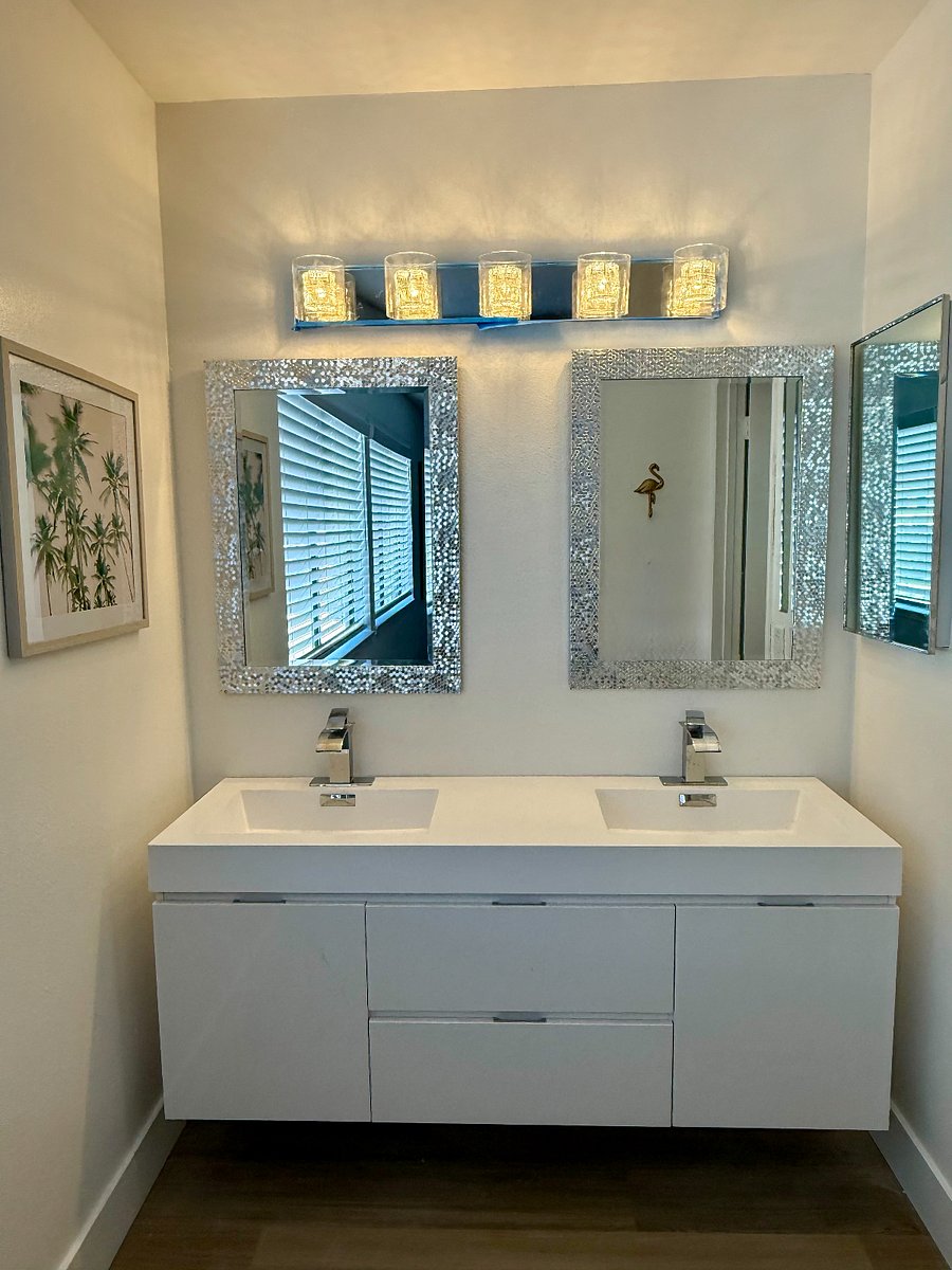 Primary bathroom with duel sinks and shower 