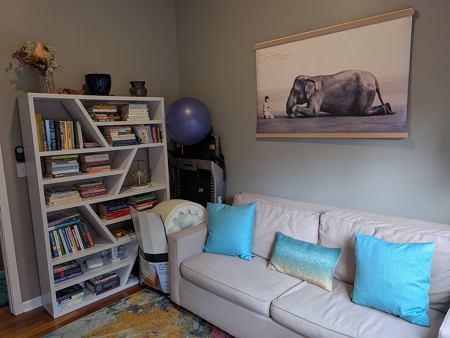 Guest room with sofa bed, foam topper for sofa bed (I can have the sofa bed made up for you prior to your arrival if you intend to use it), little library, and some workout equipment.