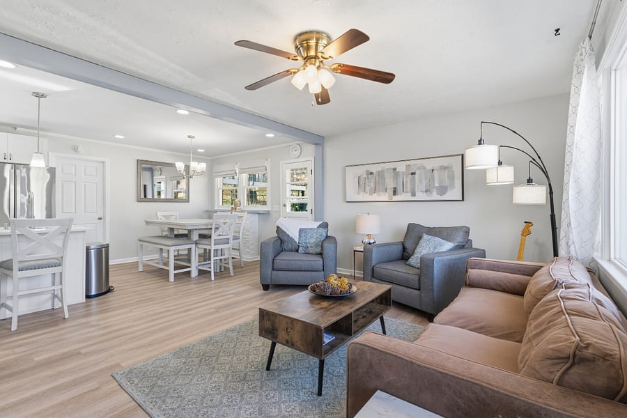 Open concept from living room to kitchen and dining area.