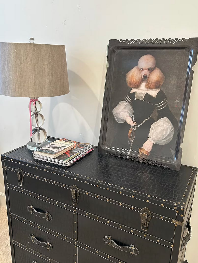 Leather chest of drawers with whimsical painting (optional).