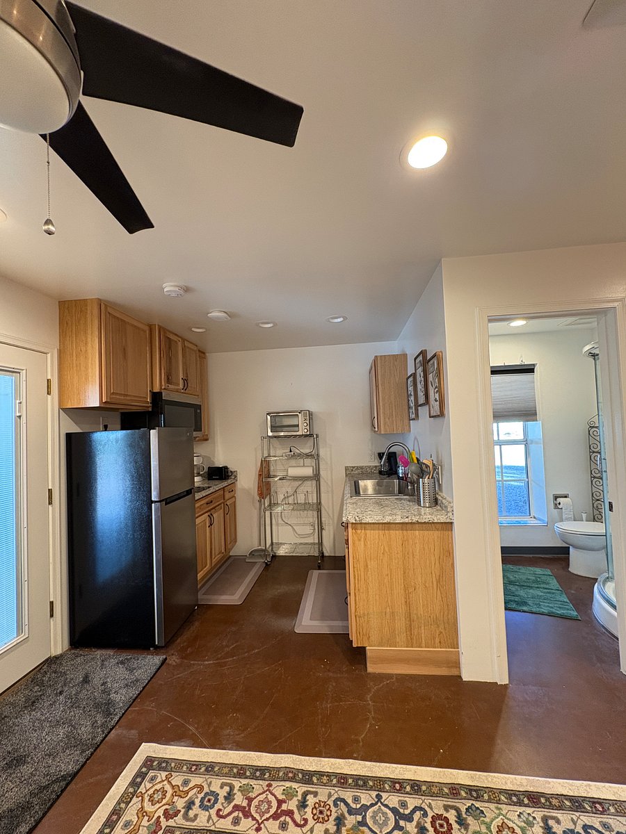 Kitchenette with 2 burner stove, refrigerator, and toaster over/air fryer