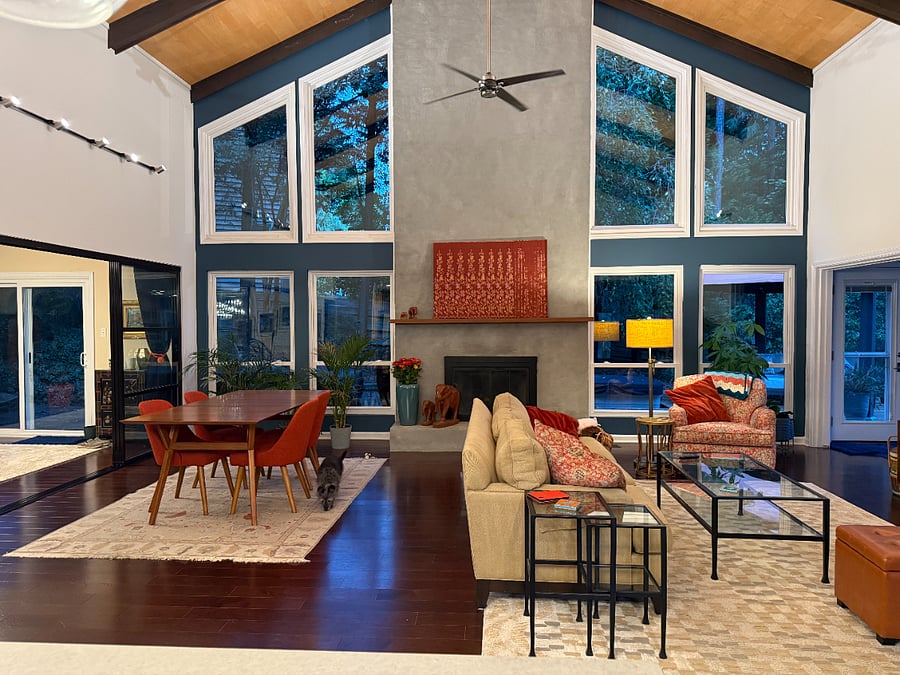 Big wall of windows. Gas fireplace