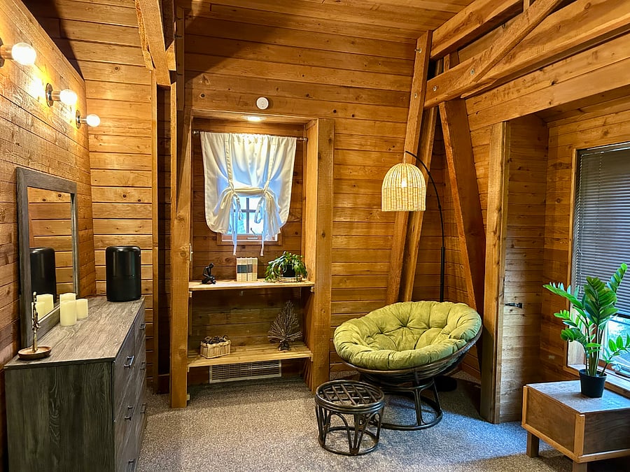 Bedroom: Reading nook, dresser, and shelving space