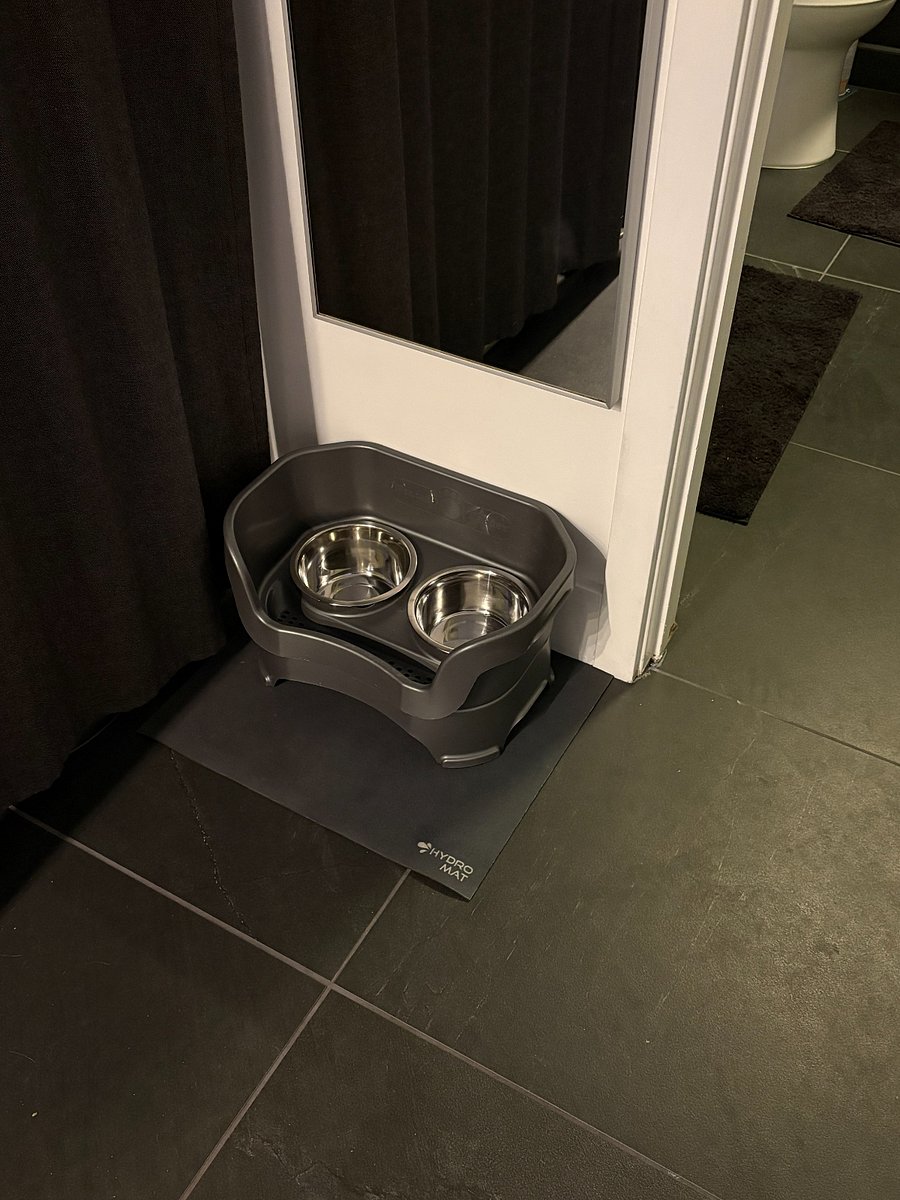 The doggo dining area features a "Neater Eater" to TRY to keep the inevitable splashing involved canine hydration within the contraption! And the pad helps with the drops from a wet muzzle... all that and for OUR dog we STILL had to leave a "floor towel" nearby! LOL