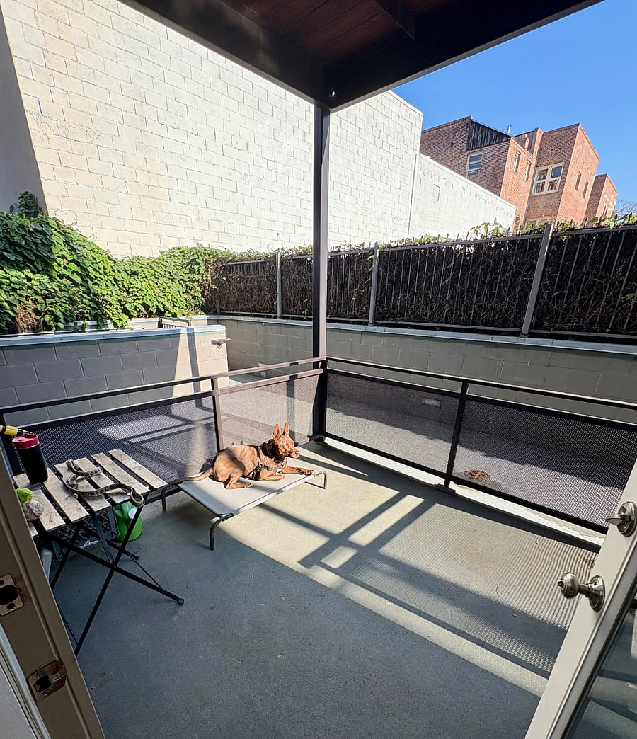 Our doggo Thea misses her solar recharging pad out on the patio... which she's begrudgingly left behind for your pup to use if they like.
( Don't feel too sorry for her, she now has an ottoman next to the wall of windows overlooking "her street" down below... ;- )

The walkway outside the porch is used rather infrequently but often enough so that there's no "private outdoor space" unfortunately. Oh... and the neighborhood cats WILL waltz in the door if you leave it open so there's that.