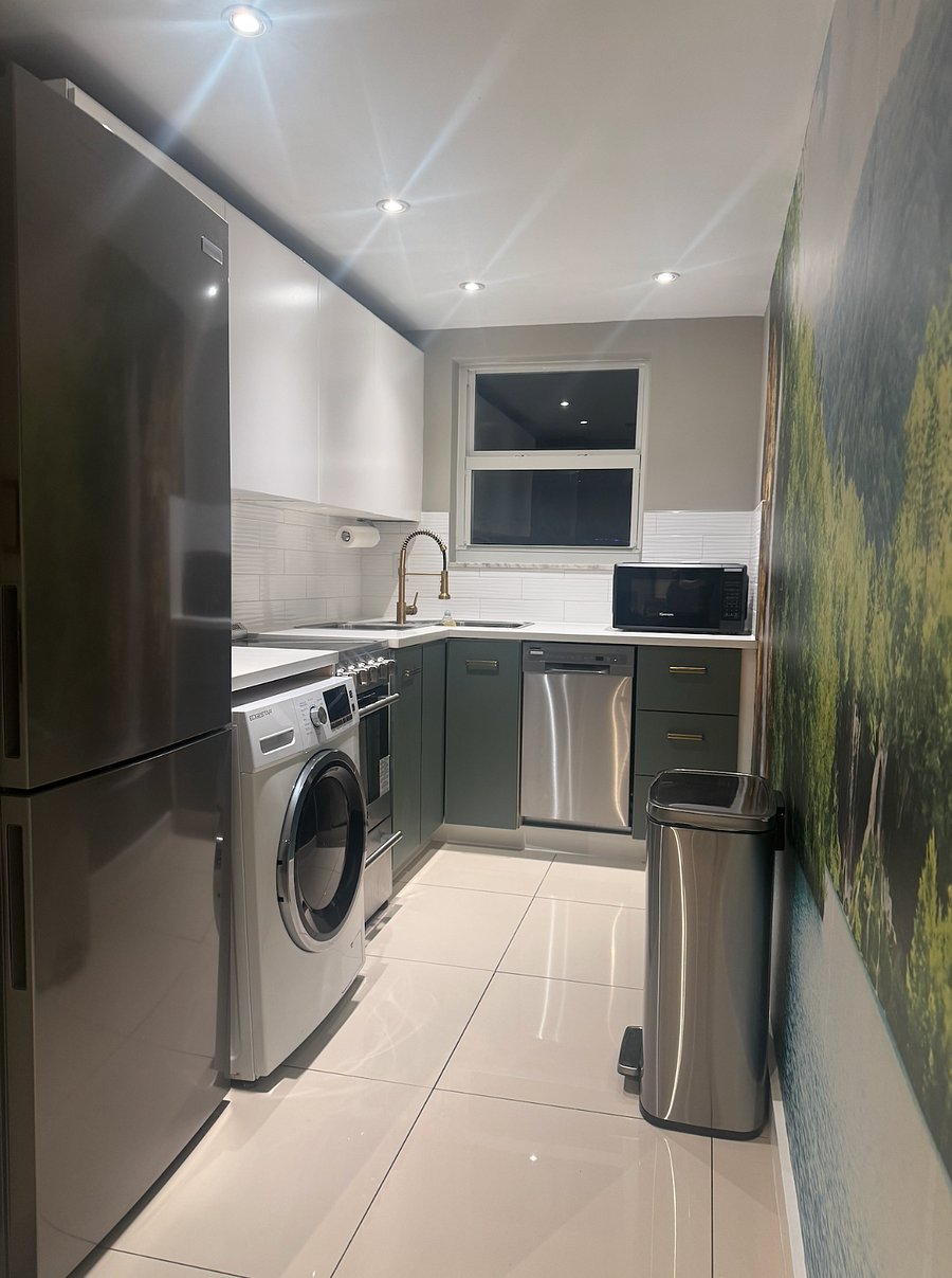 Updated kitchen, night time photo