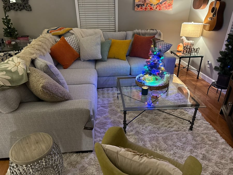 Cozy living room area with large TV