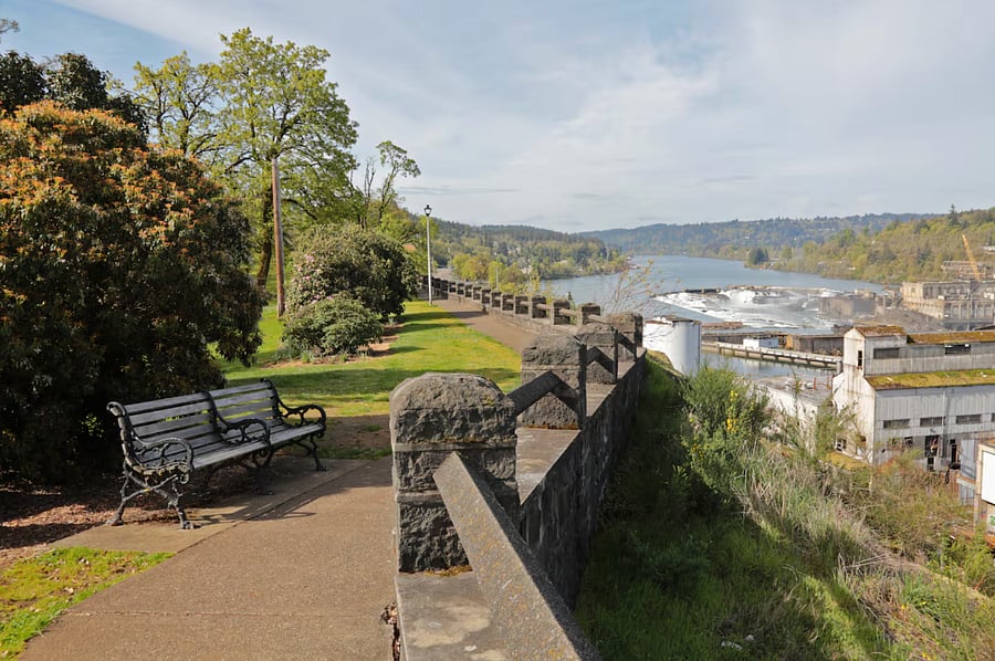 The McLoughlin Promenade offers stunning views of the Willamette Falls and River and Downtown Oregon City.