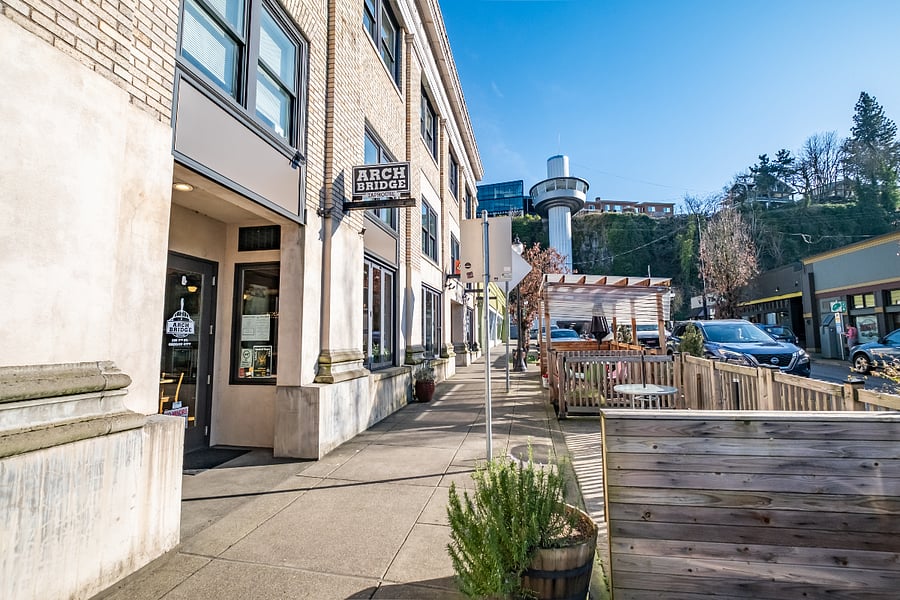 Street view Downtown Oregon City, Arch Bridge Taphouse on the left and a view to the famous Oregon City Elevator