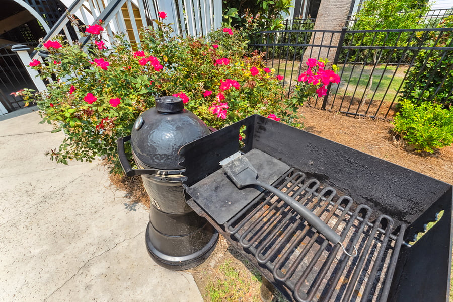 Charcoal Grill out back, Green Egg Smoker next to pool