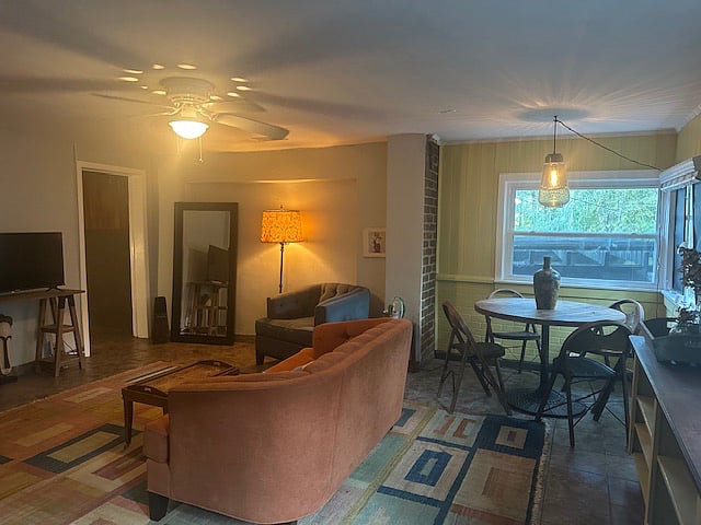 Living room and dining area.